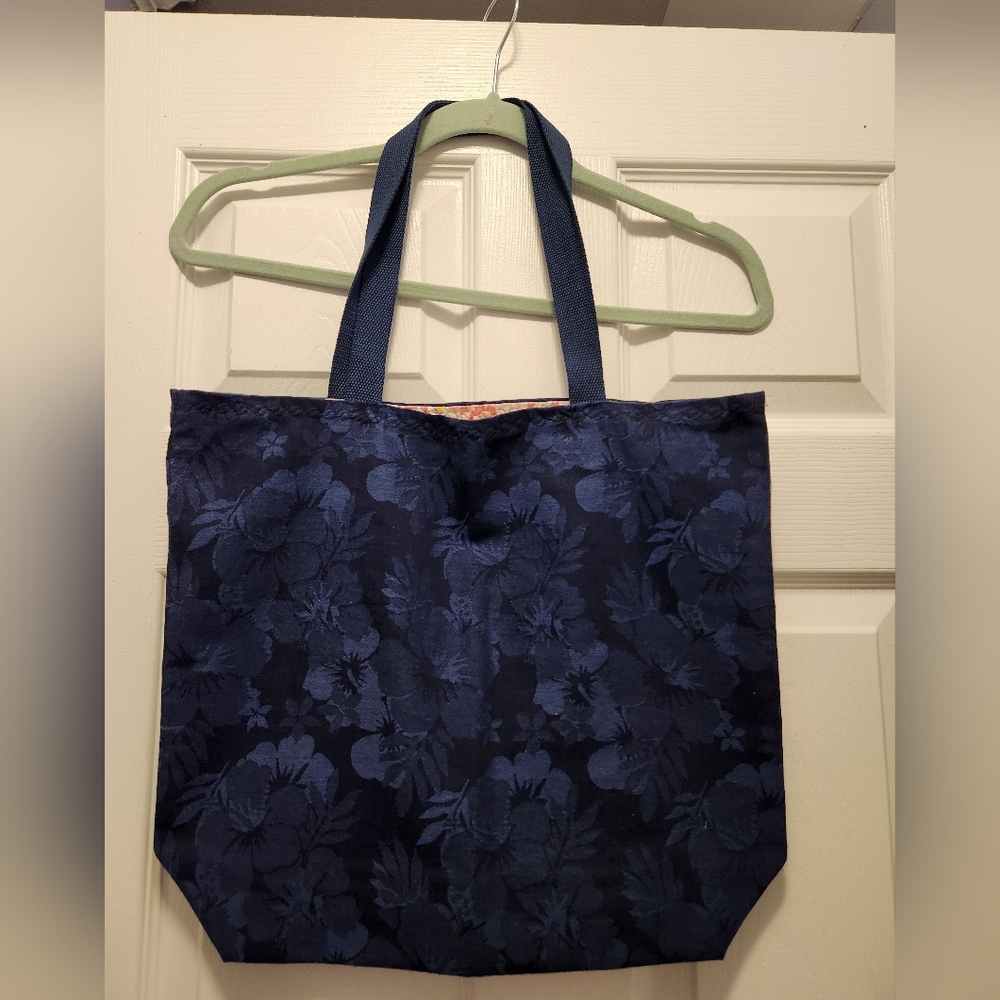 Handmade Navy Blue Flower Design Tote Bag - Picture 1 of 5